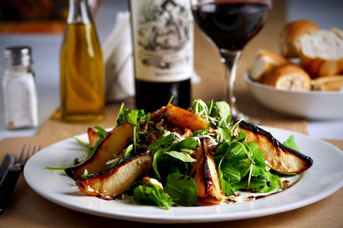Honey-Lemon Arugula Salad with Grilled Chicken, Pear & Candied Walnuts